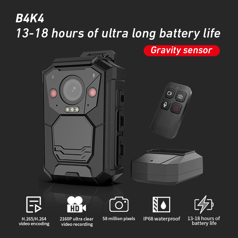 B4K4 Body Worn Camera 18-Hour Long Battery Life 4K Ultra HD Recording IP68 Waterproof and Dustproof GPS Real-Time Positioning