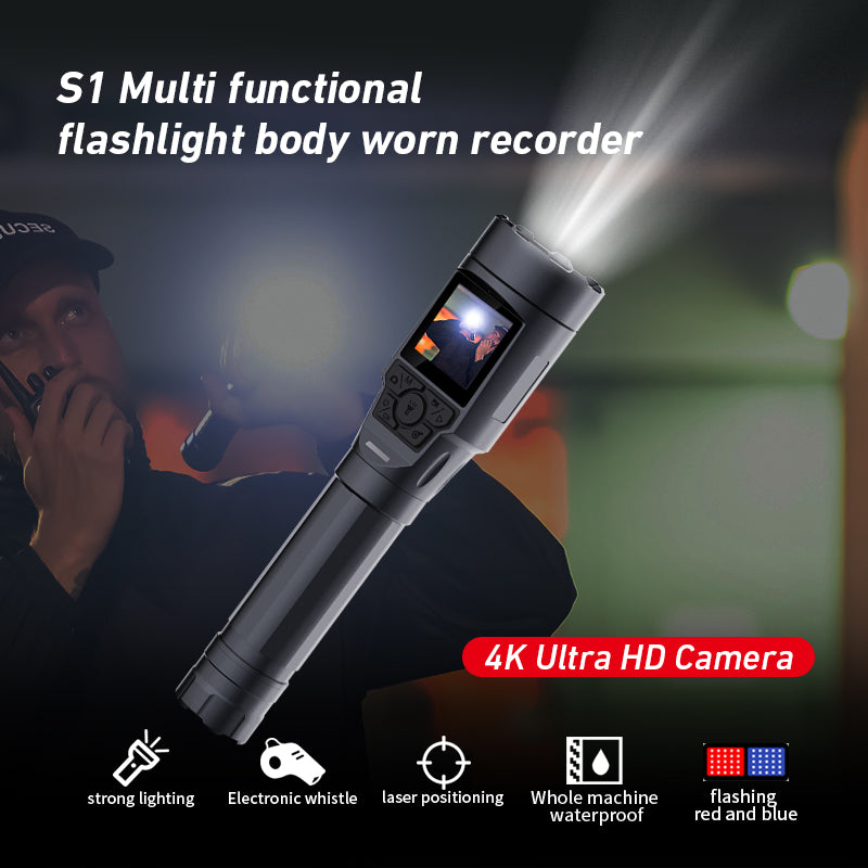 S1 Torch-style Recorder 4K Ultra HD Video Recording SOS Alarm Electronic Whistle Strong Light Torch Red and Blue Flashing Whole Machine Waterproof and Dustproof
